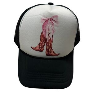 Cowgirl Boot Bow Trucker Baseball Cap BLACK WHITE BROWN Adjustable Snap Back OS